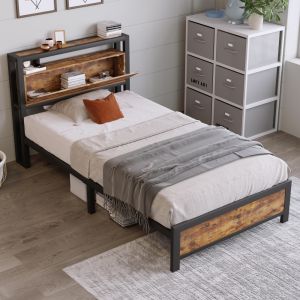 Cama individual 90x200cm com arrumação em metal e madeira – natural