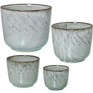 Conjunto de 4 vasos de cerâmica laqueada branca com decoração listrada.