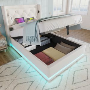 Cama estofada 90x200cm com colchão, arrumação LED usb pu – branco