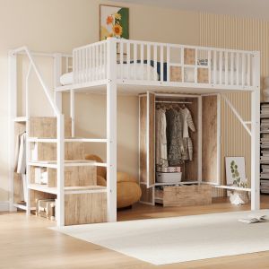 Cama alta 140x200cm com roupeiro e arrumação madeira e metal – branco