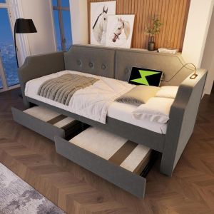 Cama com 2 gavetas, luz de leitura usb-c, 90x200cm, cinzento
