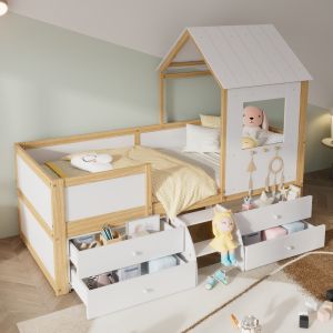 Cama 90x200cm com telhado janela e arrumação madeira branco natural