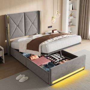 Cama estofada 90x200cm com arrumação luz e carregamento veludo cinzento