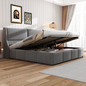Cama de casal 180x200cm com arrumação e estrado veludo cinzento