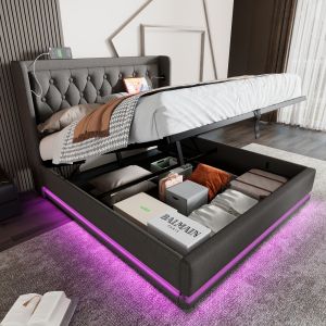 Cama estofada 140x200cm com arrumação LED usb-c aLGodão – cinzento