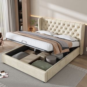 Cama estofada 160x200cm com arrumação veludo sem colchão – bege