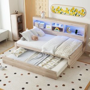 Cama divã extensível 90x200cm mdf aglomerado natural LED usb arrumação