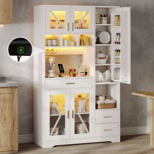 Armário buffet vintage com iluminação LED e tomadas branco 185x105x40cm