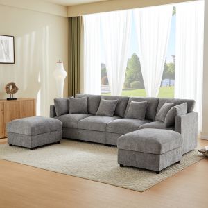 Sofá modular em l com 2 pufs chenille cinzento 4 lugares