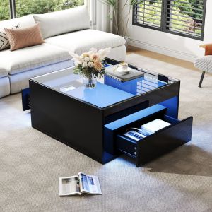 Mesa de centro com LED e 2 gavetas preto 35x70x70cm
