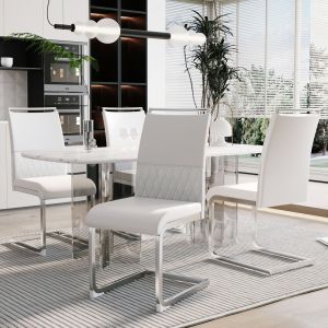 Cadeira de jantar ergonómica em metal branco com encosto em pu e linho
