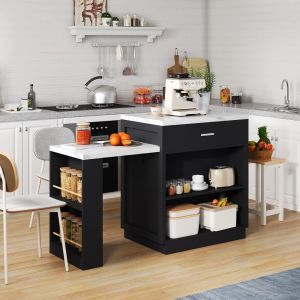 Ilha de cozinha com mesa extensível preta e efeito mármore 211 cm
