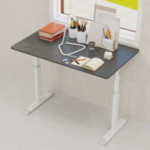 Mesa de escritório regulável cinza metal e madeira