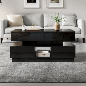 Mesa de centro elevatória com arrumação LED preto 42,5x90x48cm