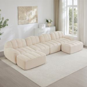 Sofá modular em u 4 lugares 2 otomanas tecido polar bege branco