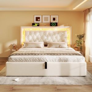 Cama casal 180x200cm com arrumação hidráulica LED, usb-c, bege