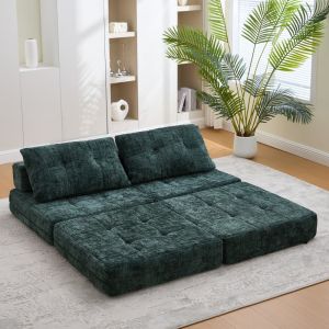 Sofá cama dobrável em chenille verde esmeralda com almofadas