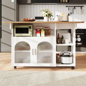 Ilha de cozinha com tampo dobrável e rodas em mdf e vidro branco