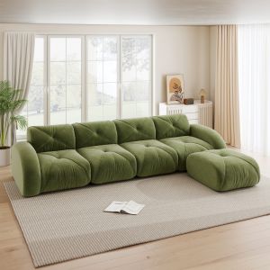 Sofá de canto modular em chenille verde 4 lugares com pufe