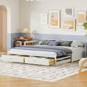 Cama divã extensível em madeira branca 90 x 200 cm com 2 gavetas