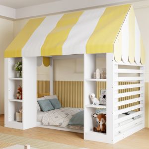 Cama infantil 90x200cm com dossel e arrumação madeira – branco