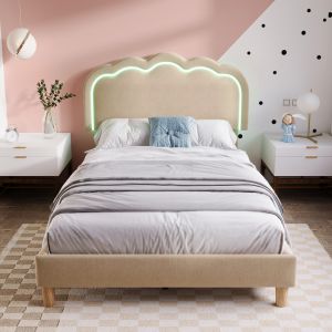 Cama estofada 90x190cm com cabeceira ajustável e LED linho – bege