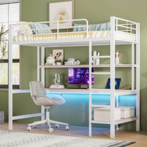 Cama alta 90x200cm com secretária arrumação LED metal branco