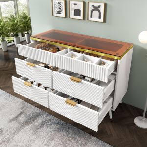 Cómoda com 6 gavetas vidro castanho branco 76x120x40cm