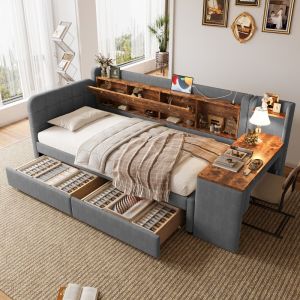 Cama divã 90x200 cm em linho cinzento com secretária, 2 gavetas e usb-c