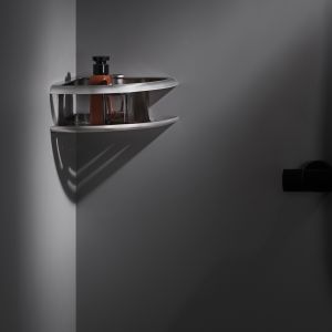 Portasapone angular cinza em aço inox 304 e latão com acabamento cromado