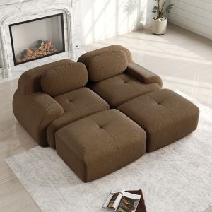 Sofá de canto modular em bombazina castanho 2 lugares com chaise longue
