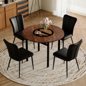 Conjunto mesa redonda com 4 cadeiras em pu castanho e preto