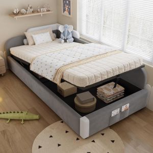Cama com arrumação hidráulica 90x200cm, barreira elevada, cinzento