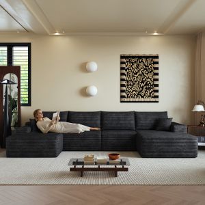 Sofá modular em l sem montagem - veludo cotelê preto - 4 lugares - 270 cm