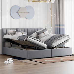 Cama estofada 180x200cm com arrumação hidráulica linho – cinzento