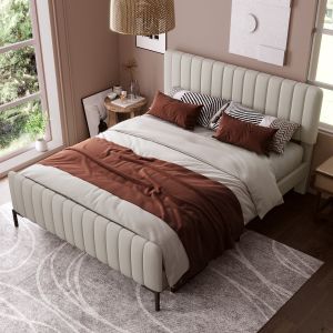 Cama de casal 180x200cm com cabeceira ajustável linho – cinzento bege