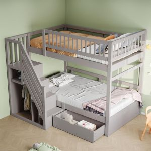 Beliche infantil 90x200cm em madeira com escada e gavetas