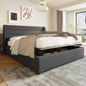 Cama estofada 140x200cm com arrumação hidráulica linho – cinzento