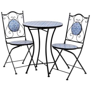 Conjunto venice mesa e duas cadeiras pretas em mosaico e ferro forjado