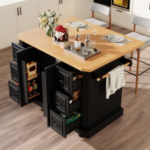 Ilha de cozinha com rodas 2 portas 6 gavetas preto 91x120x45cm