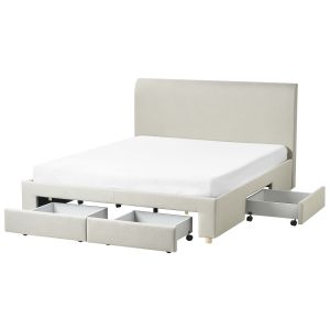 Cama com gavetas de arrumação soutrin tecido creme 160 x 200 cm