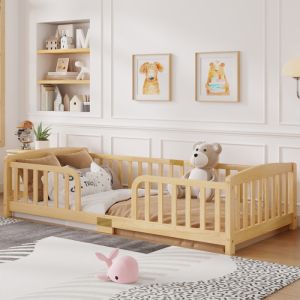 Cama de chão 90x200cm com grade de proteção madeira natural