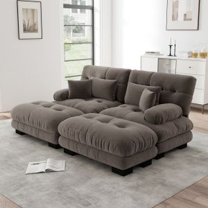 Sofá modular em chenille castanho com otomanas e almofadas