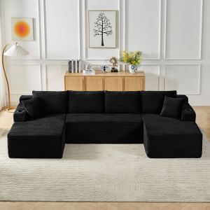 Sofá modular em u em veludo cotelê preto com 3 peças e sem montagem