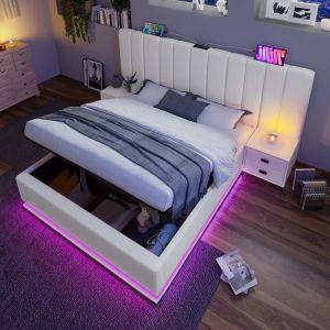 Cama de casal 180x200cm com LED, usb-c e arrumação hidráulica branco