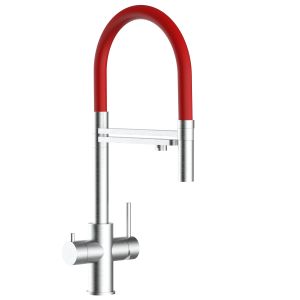 Grifo cocina 5 vías acero inox ducha 2 chorros amovible, cepillado / rojo