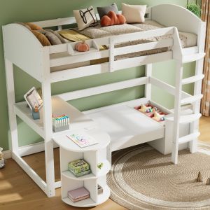 Beliche infantil 90x200cm com mesa deslizante e arrumação madeira – branco
