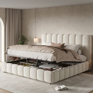 Cama de casal 160x200cm com arrumação hidráulica bouclé – branco