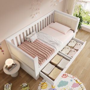 Cama de madeira 90x200cm com 2 gavetas e encosto veludo – branco