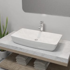 Lavatório com torneira misturadora cerâmica retangular branco pt8749